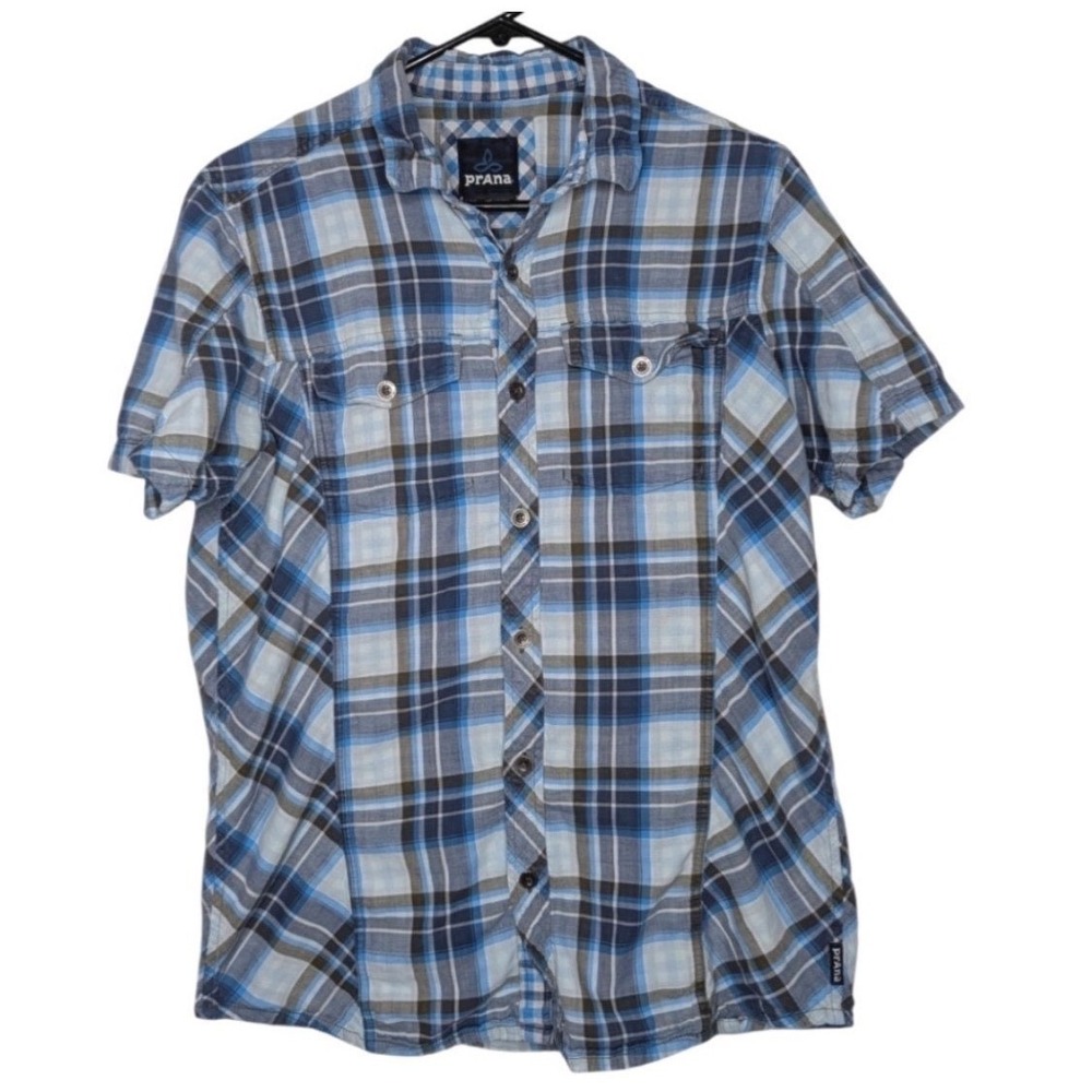 Prana Mens Blue Plaid Short Sleeve Button Down Cotton Hiking‎ Shirt M Rockabilly